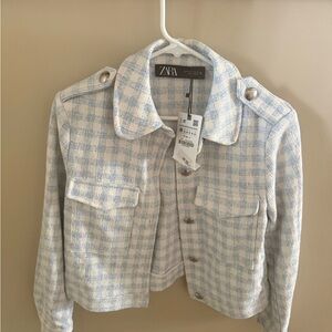 Zara Light Blue and Cream Checkered Jacket